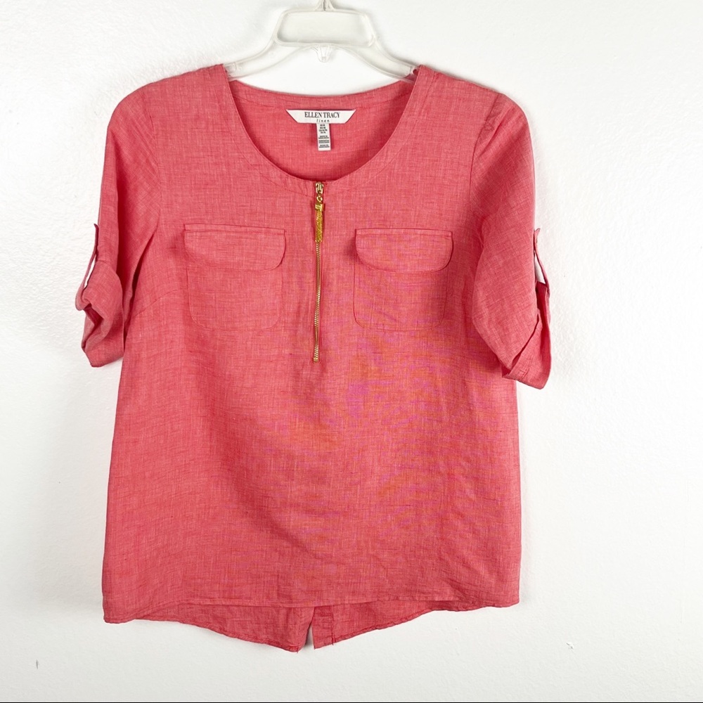 ELLEN TRACY Pink Coral Linen Blend Flap Chest Pockets 1/2 Zipper Top Medium